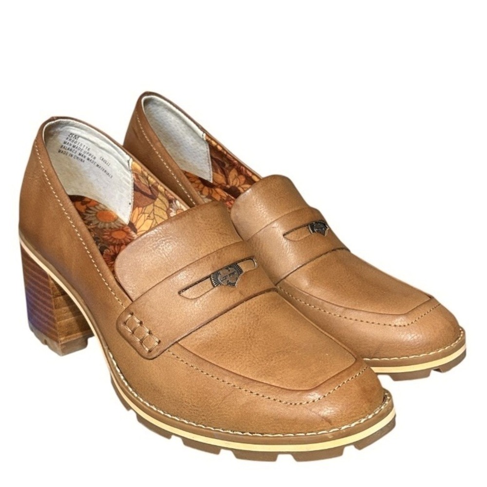 KORKS Corsica Tan Penny Loafer sz 8M Vegan Leather Block Heel Lug Sole Preppy